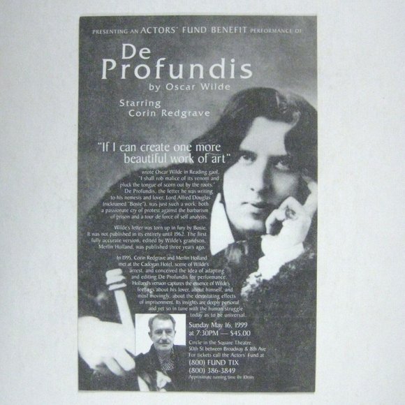 De Profundis Oscar Wilde Flyer ONLY 1999 Corlin Redgrave Actors Fund Theatre - Picture 1 of 2